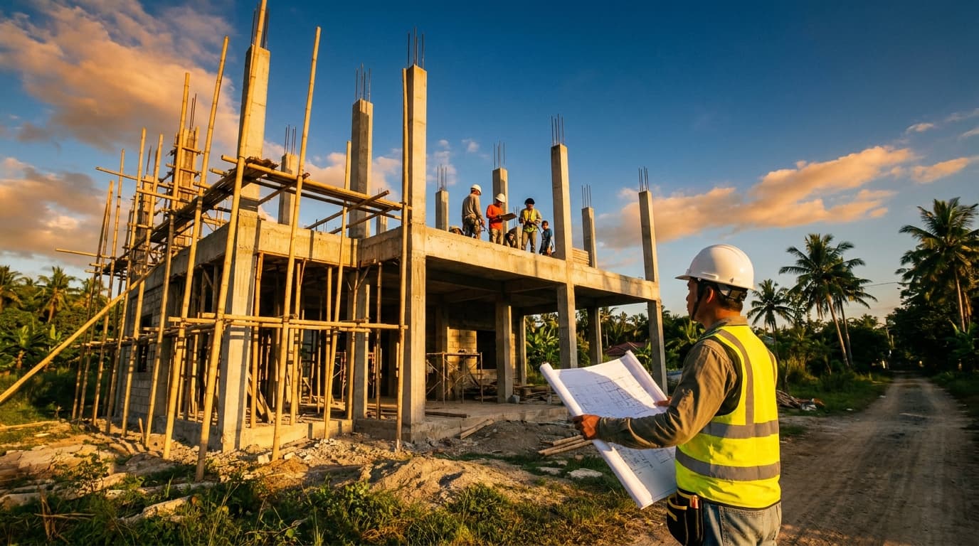 Filipino contractor reviewing blueprints at a Philippine construction site